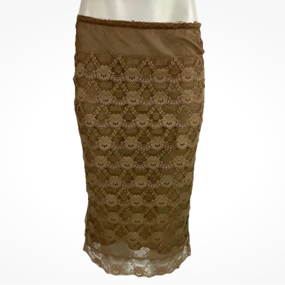Vintage 90's Betsy Johnson NY Sz P Lace Tiered Chiffon Pull On Skirt Brown